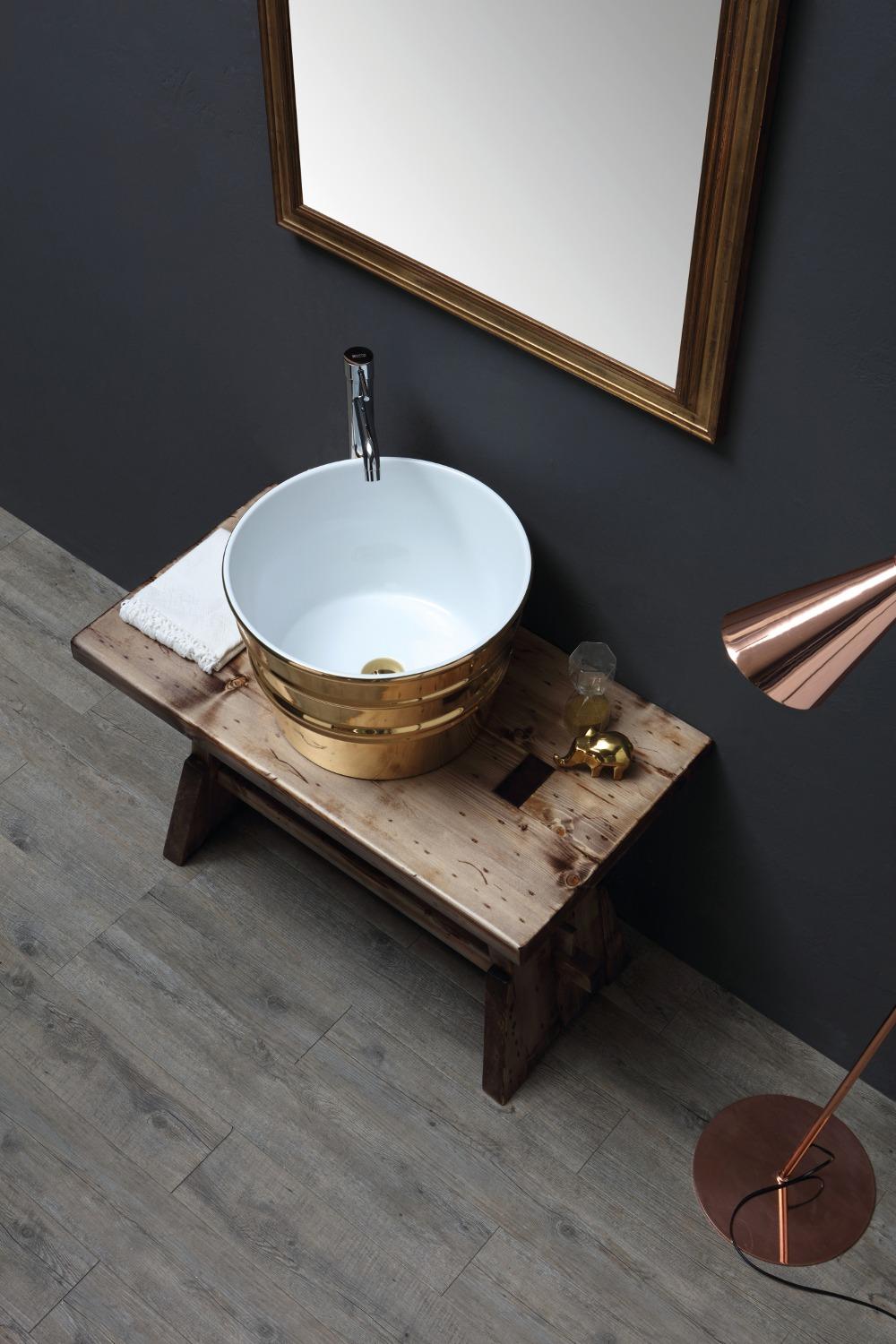 Mobile Portalavabo Cavalletto Horganica in legno con lavabo Bacile Oro