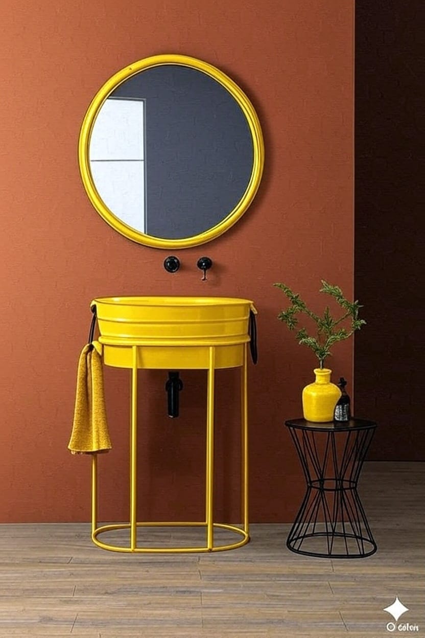 composizione lavabo Tinozza Giallo con anelli neri su struttura in metallo Giallo