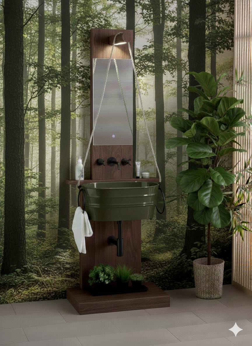 scenografia mobile portalavabo Pozzo abete invecchiato con lavabo Tinozza verde oliva