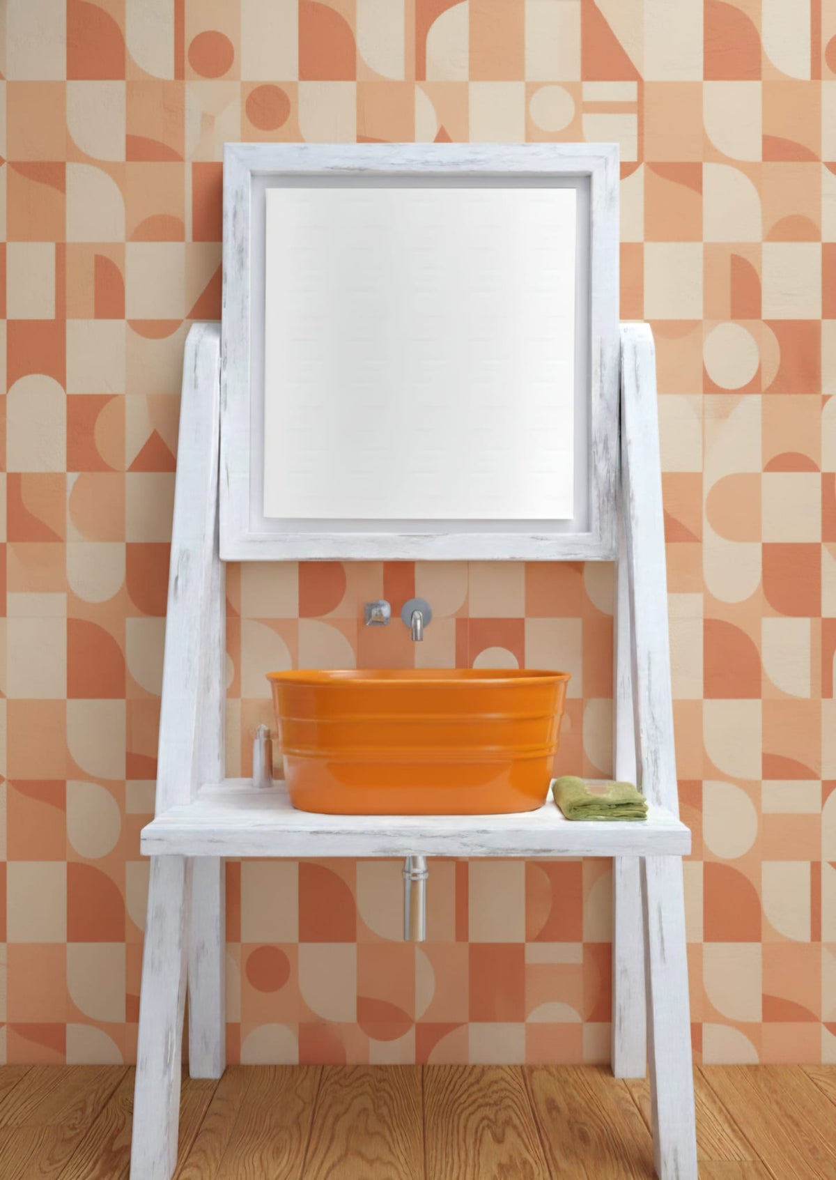 mobile bagno con specchio Camerino bianco decapé con Tinozza Arancio