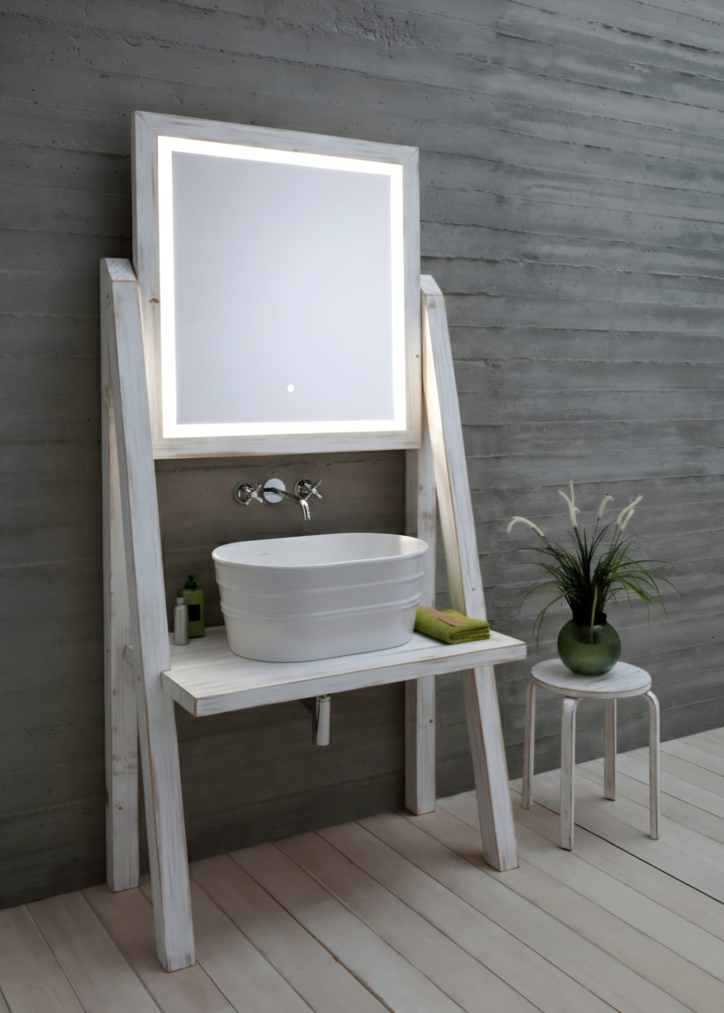 mobile bagno con specchio Camerino bianco decapé con Tinozza Bianca
