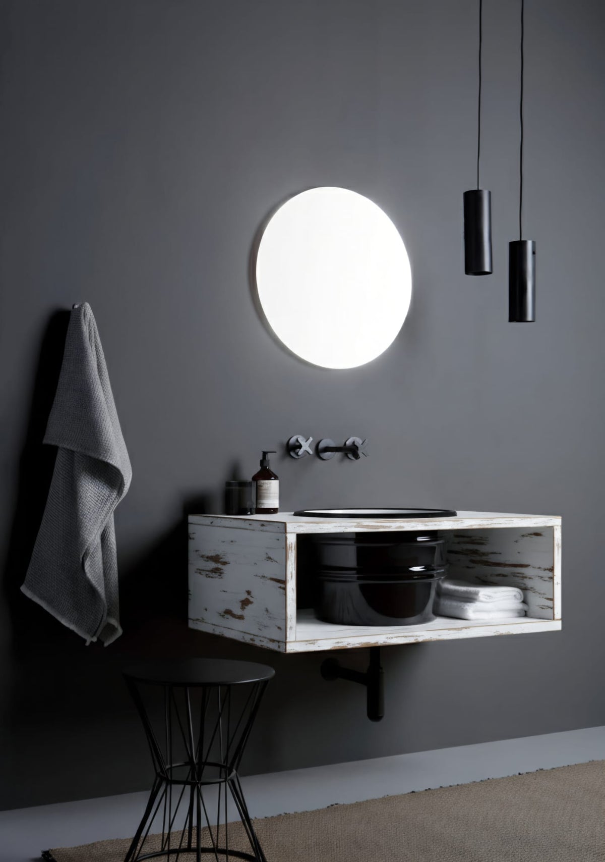 mobile portalavabo sospeso Cornice bianco decapé con lavabo Bacile neto lucido