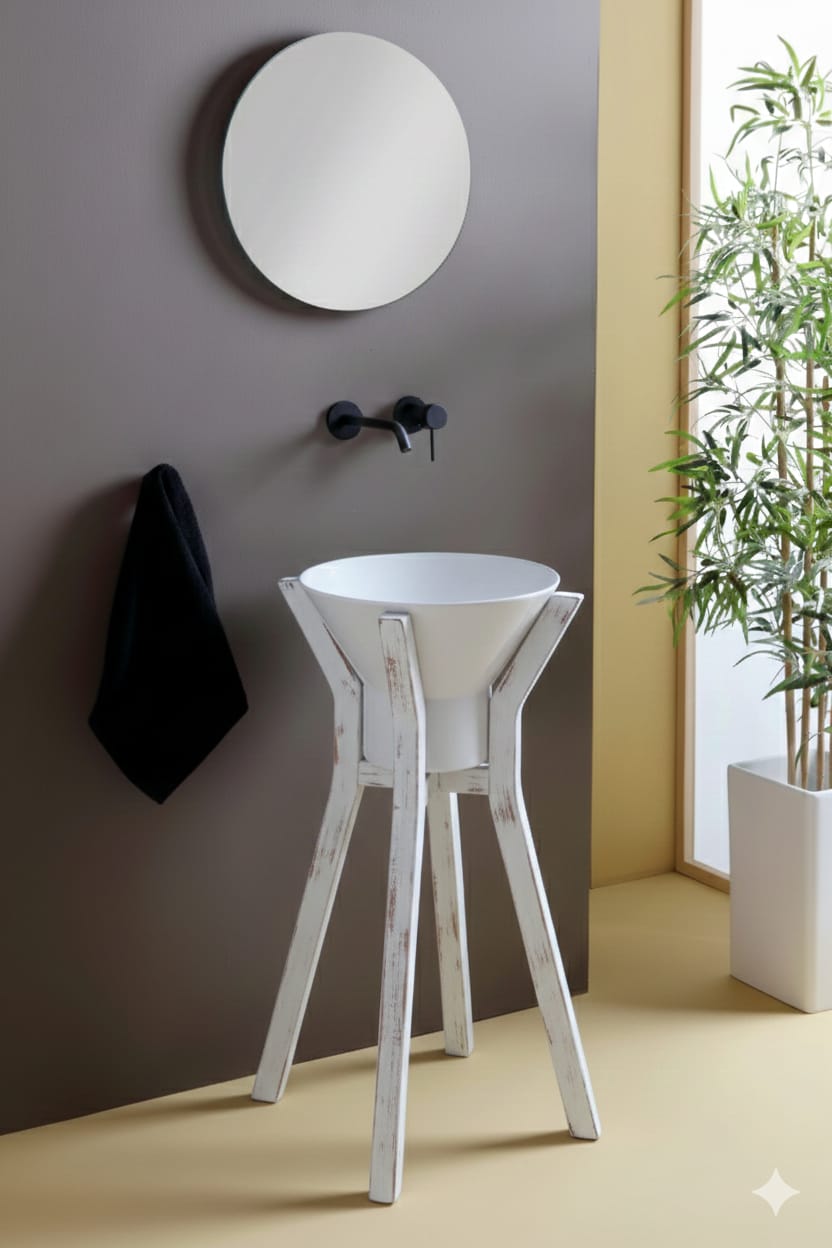 lavabo Megafono su struttura in legno bianco decapé