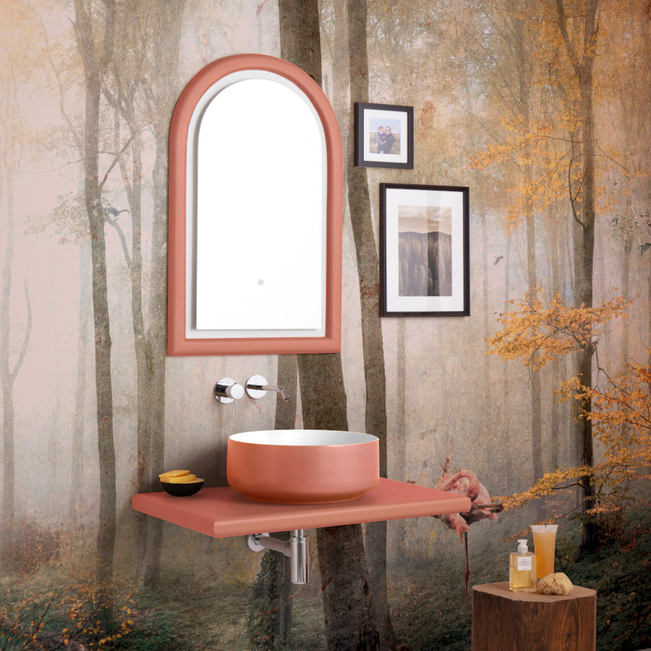 scenografia lavabo tondo Bucchero Bis bianco e arancio cammeo con mensola e specchio arancio cammeo