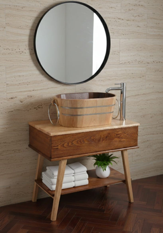 composizione mobile bagno in lsegno H Compass con lavabo ovale Tinozza in legno frassino con anelli cromo