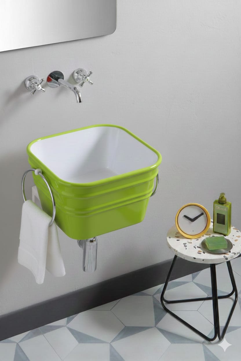 lavabo sospeso quadrato  Bacile Cubo verde impulso con anelli cromo