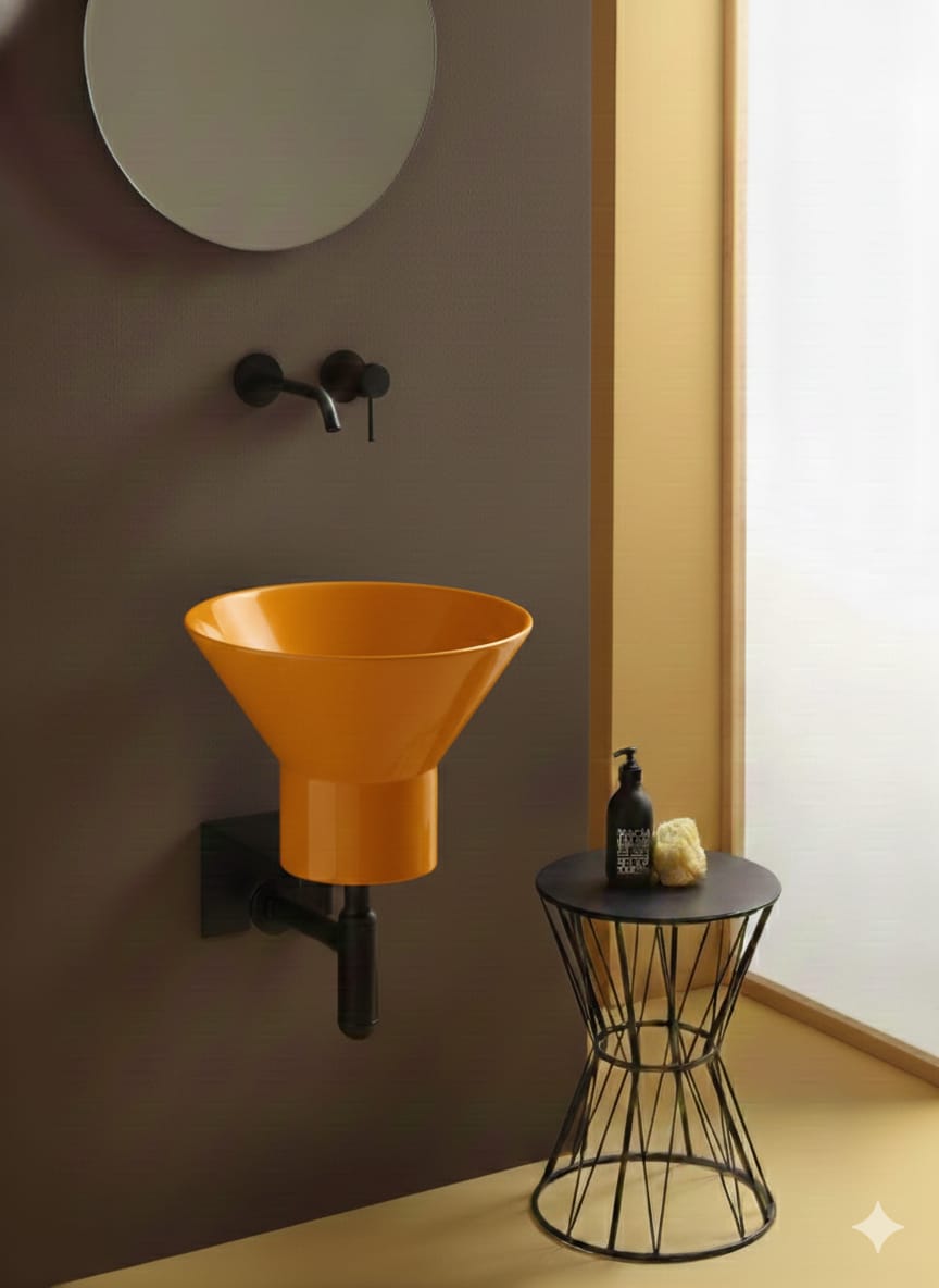 lavabo sospeso Megafono Arancio con staffa e sifone neri
