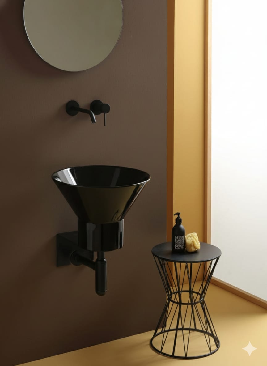 lavabo sospeso Megafono Nero Lucido con staffa e sifone neri