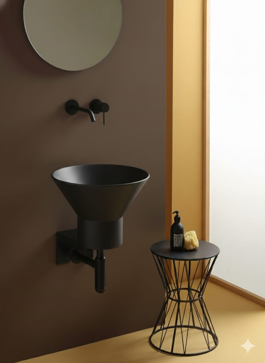 lavabo sospeso Megafono Nero Opaco con staffa e sifone neri