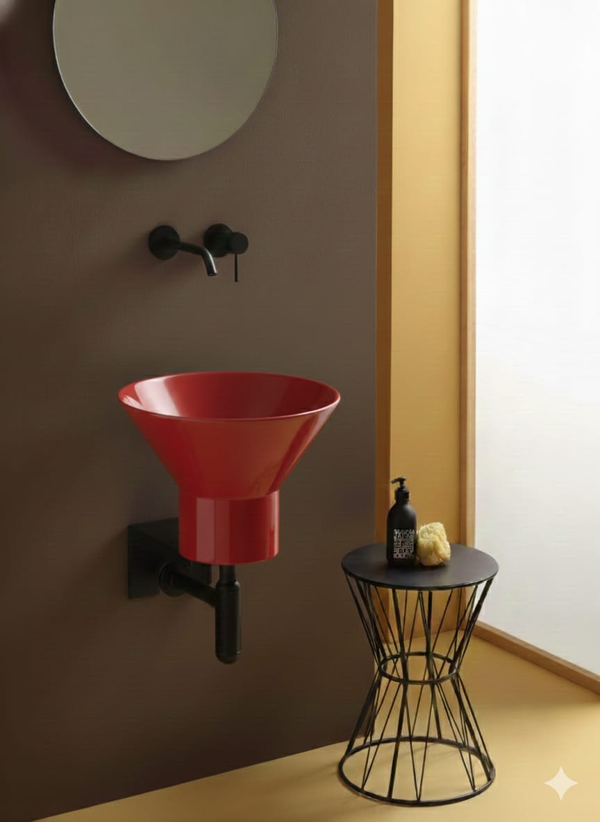 lavabo sospeso Megafono Rosso con staffa e sifone neri