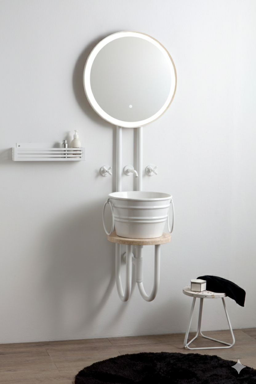 scenografia struttura portalavabo con specchio Strapuntino bianco opaco e lavabo Bacile Midi bianco con anelli bianchi