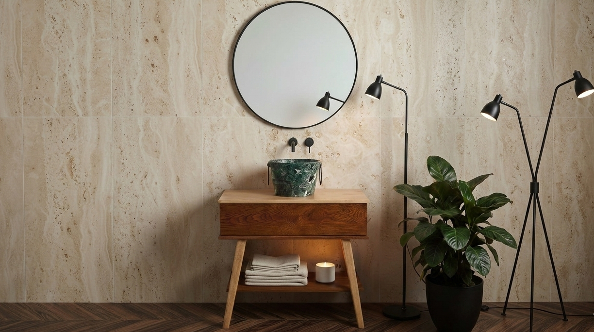 scenografia mobile bagno in legno H Compass con lavabo Bacile Midi verde alpi con anelli neri