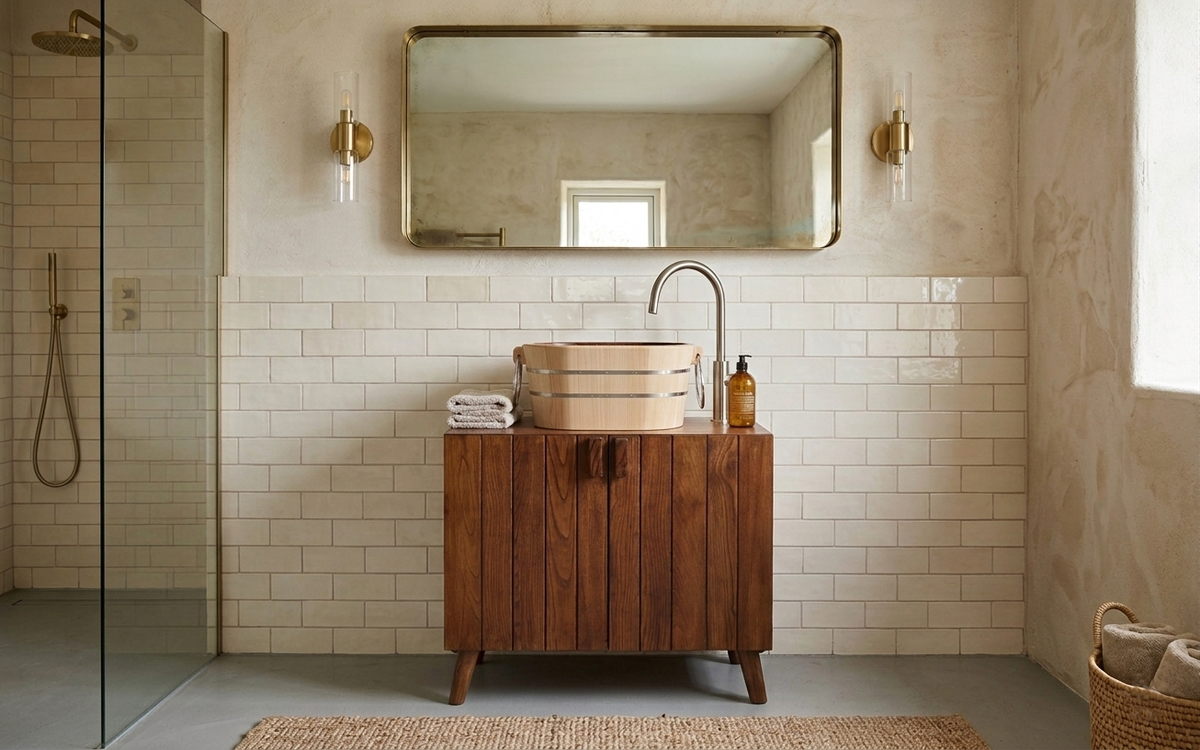scenografia lavabo ovale Tinozza in legno con anelli su mobile in legno Sinfonia