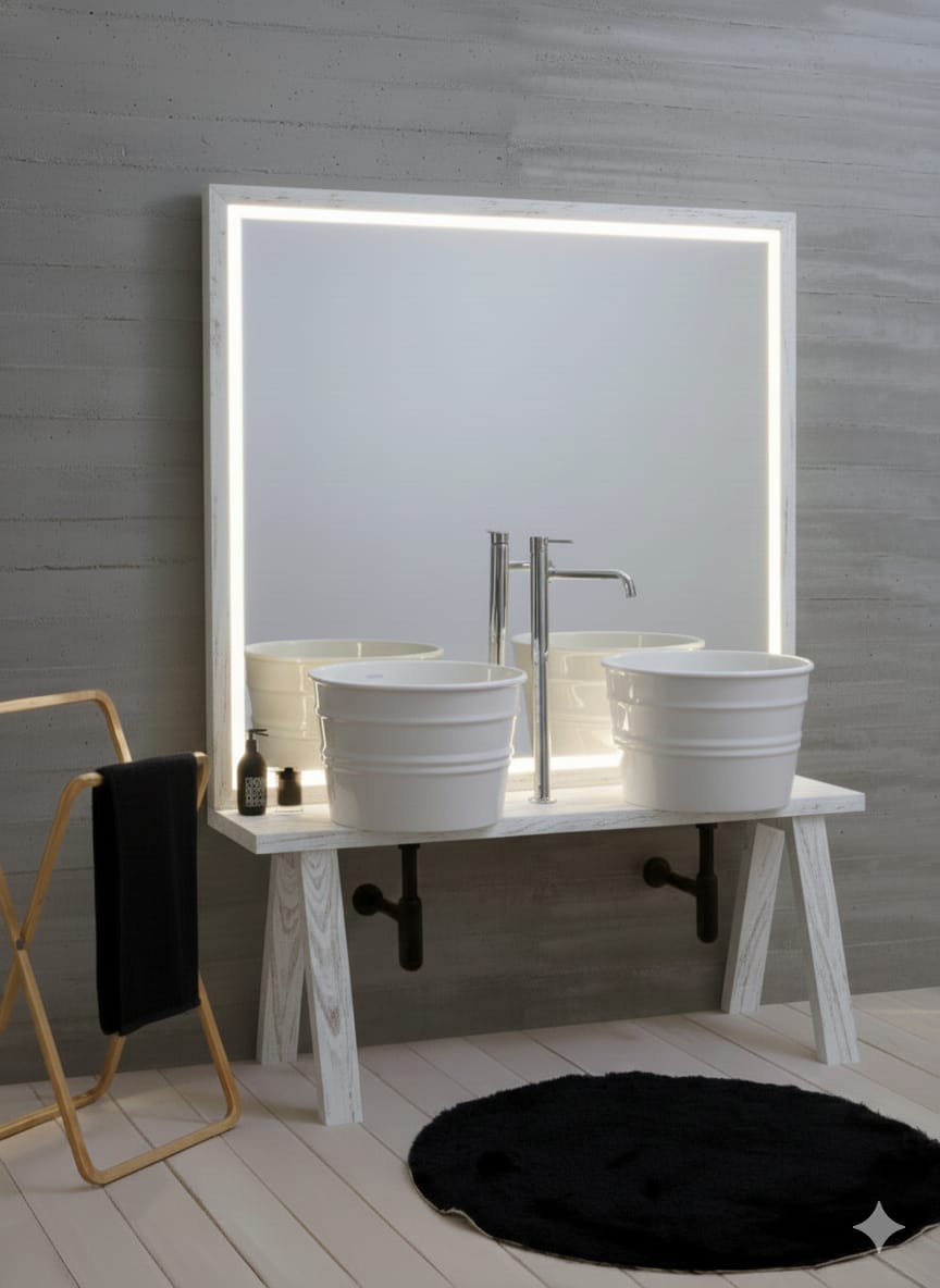 mobile portalavabo Tela bianco decapé con specchio, LED, due lavabi Bacile bianchi e miscelatore Tubo