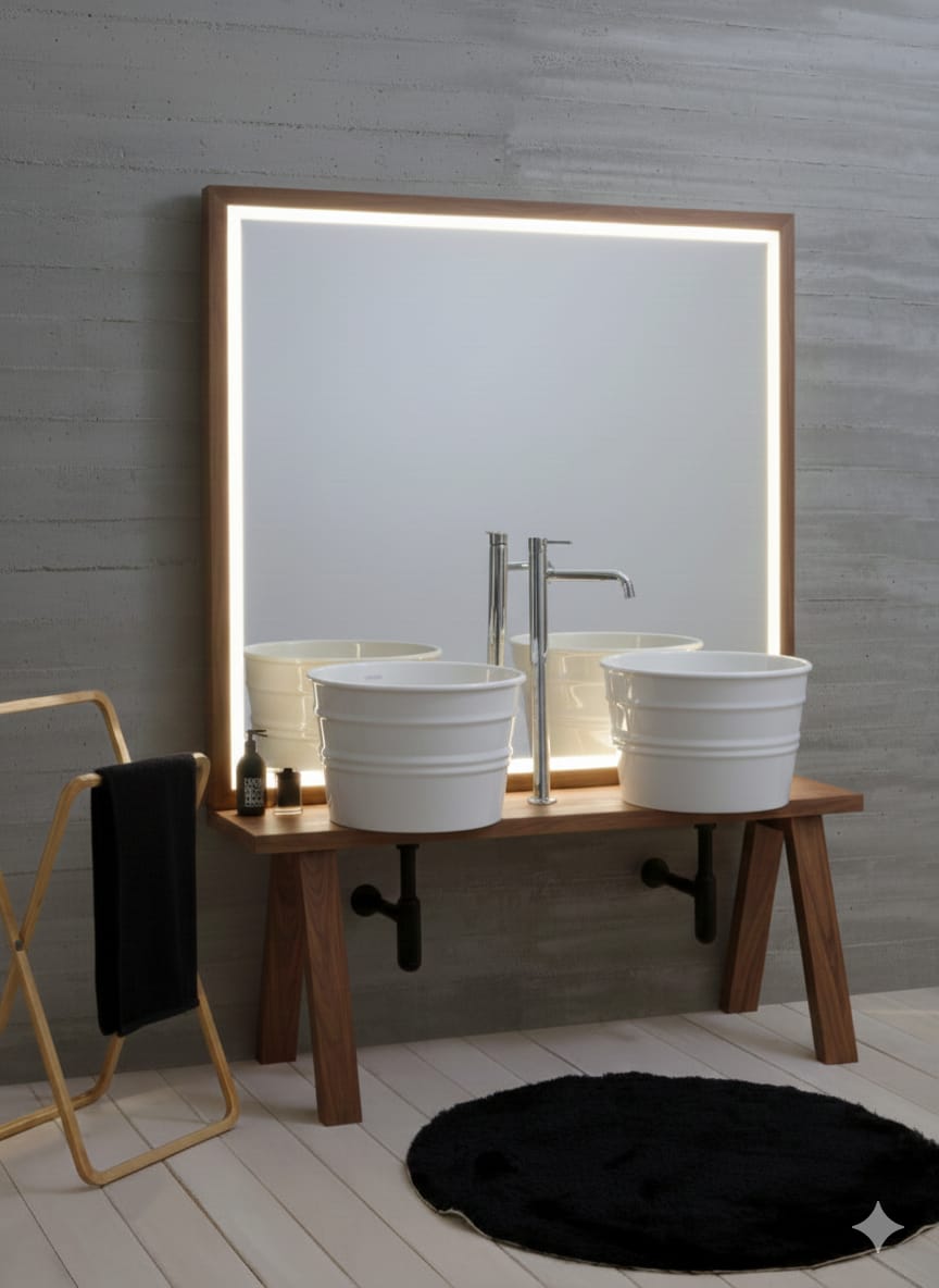 mobile portalavabo Tela abete invecchiato con specchio, LED, due lavabi Bacile bianchi e miscelatore Tubo