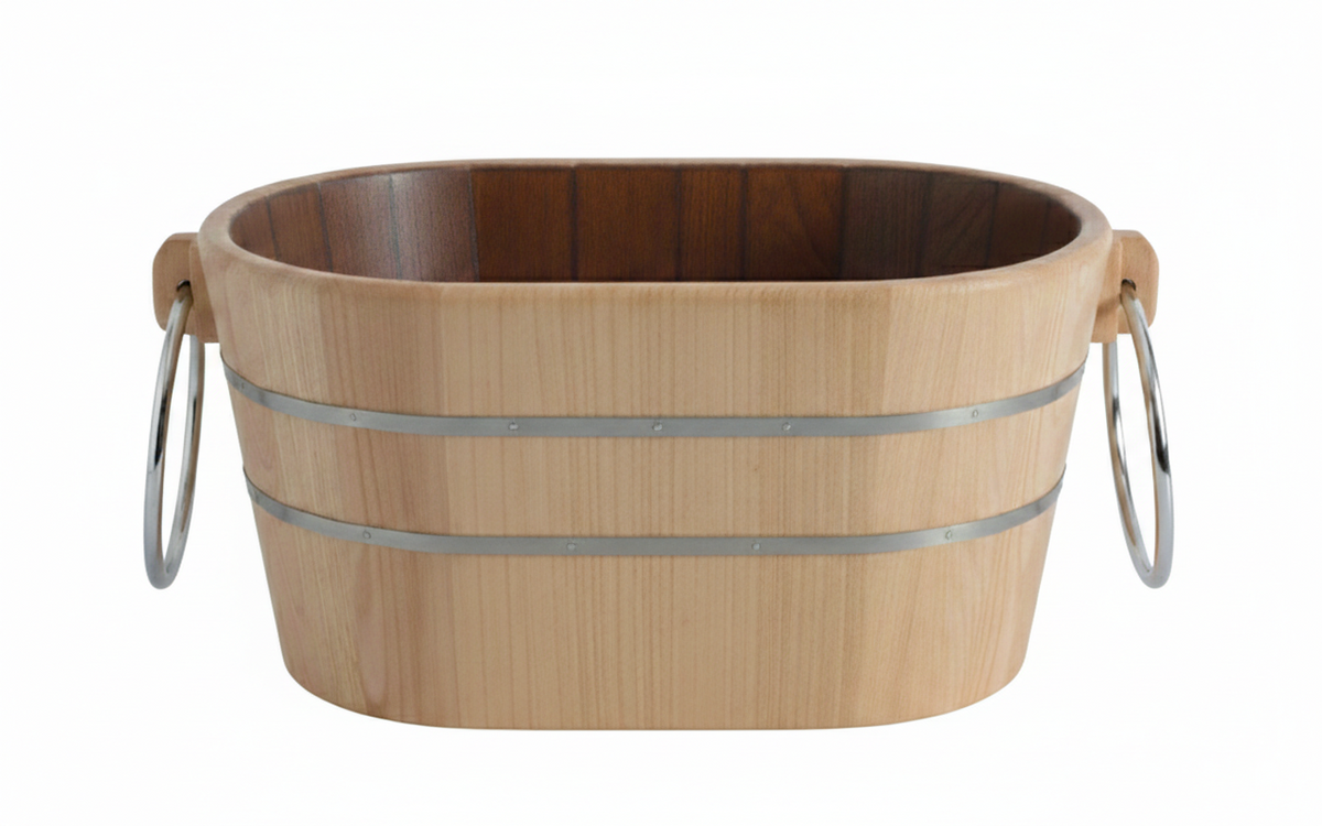 lavabo ovale Tinozza in legno frassino con anelli cromo