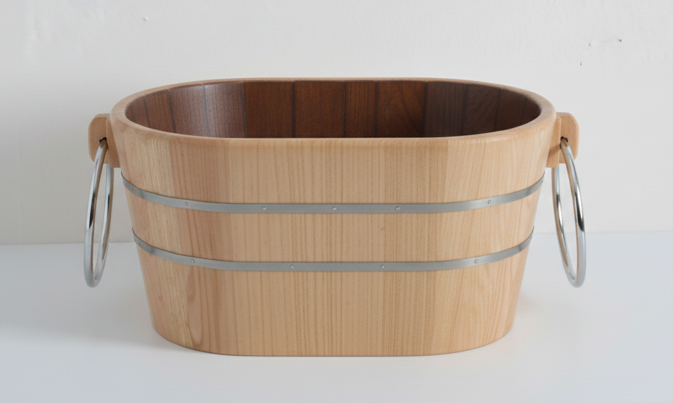 lavabo ovale Tinozza in legno frassino con anelli cromo