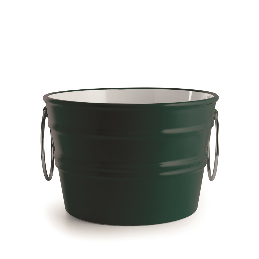 Secchio in ceramica verde opaco con anelli metallici, design moderno