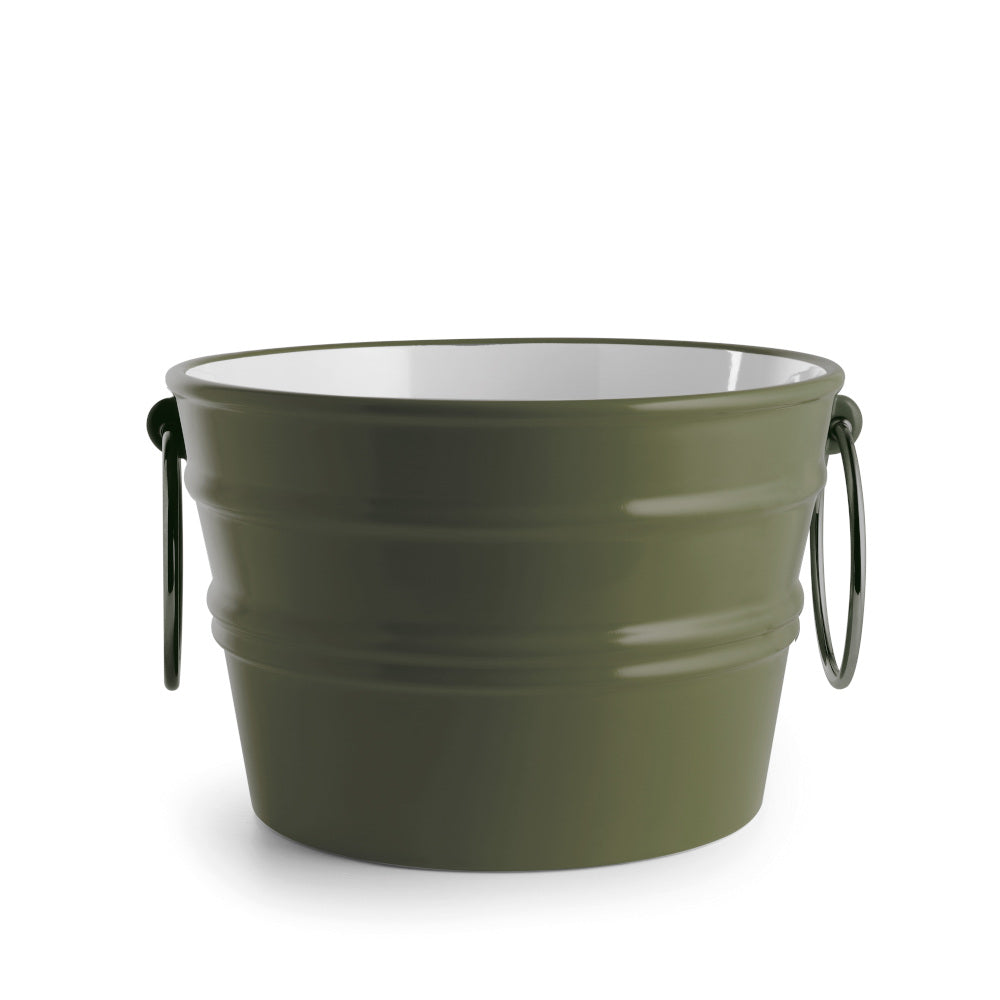 Secchio in ceramica opaca verde con anelli laterali, design moderno, su sfondo bianco.