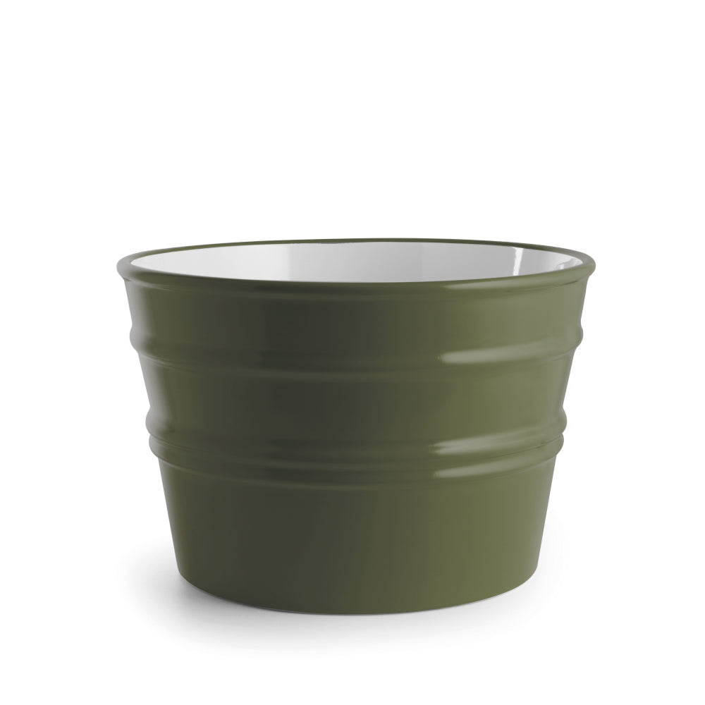 Vaso in ceramica opaca verde edera, design contemporaneo, senza anelli, su sfondo bianco