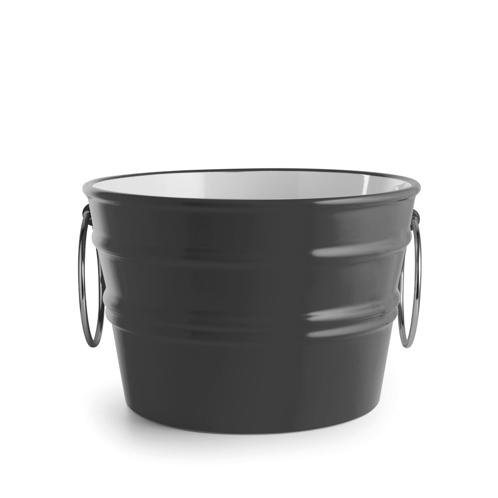 Secchio in ceramica grigio opaco con anelli, design contemporaneo, fondo bianco.