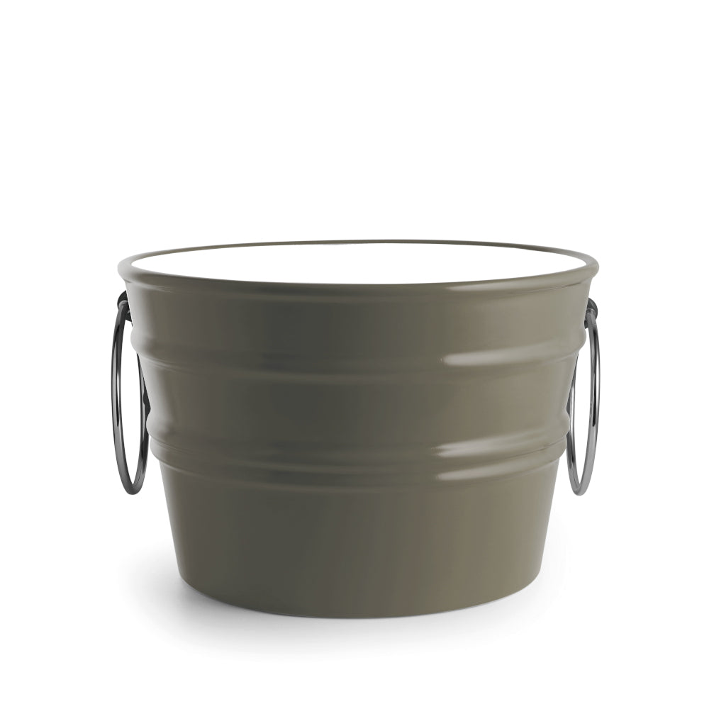 Secchio in ceramica grigio con anelli metallici laterali, design moderno essenziale