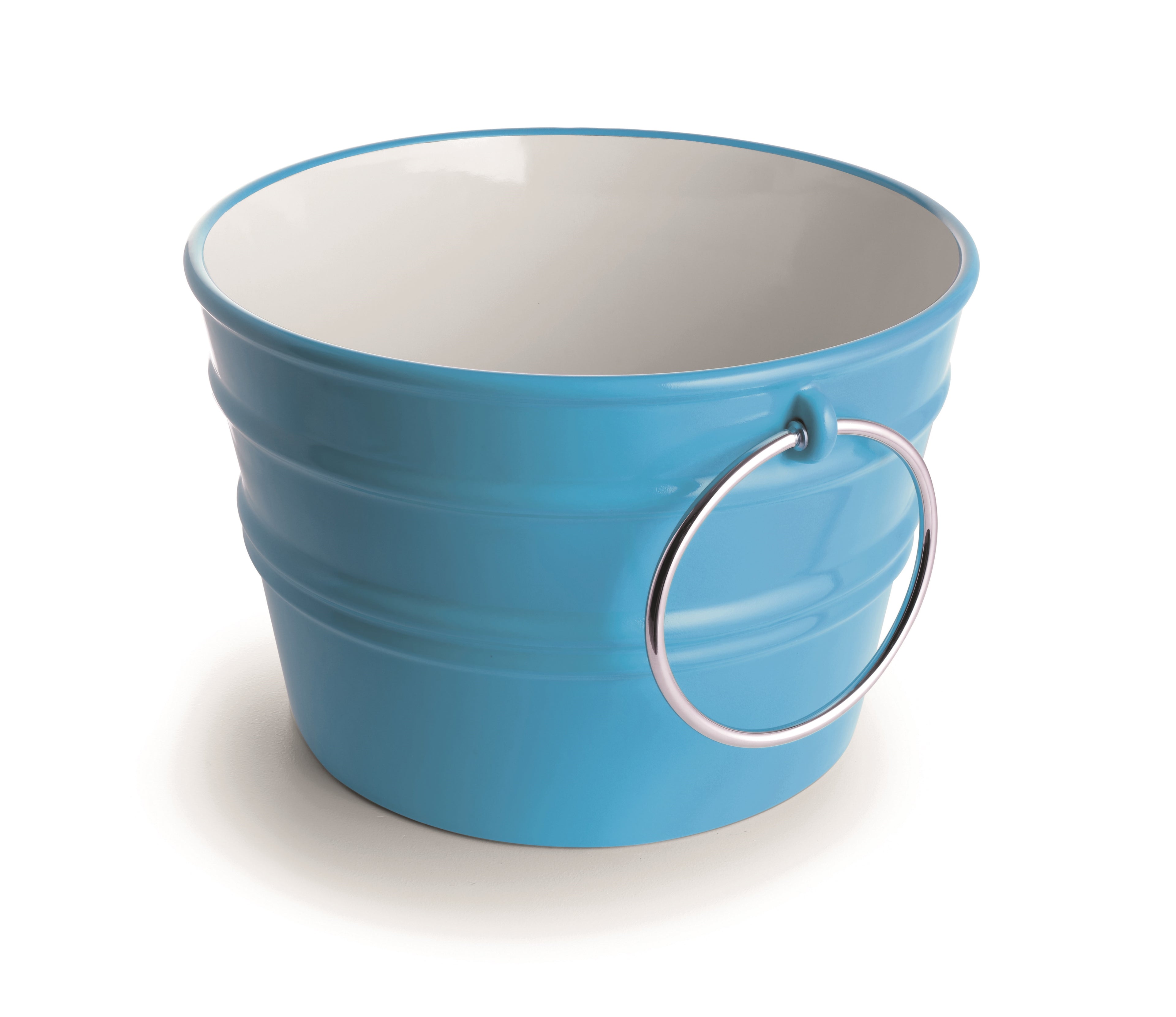 Bacile in ceramica blu cyan con anello metallico, design moderno, artigianato.