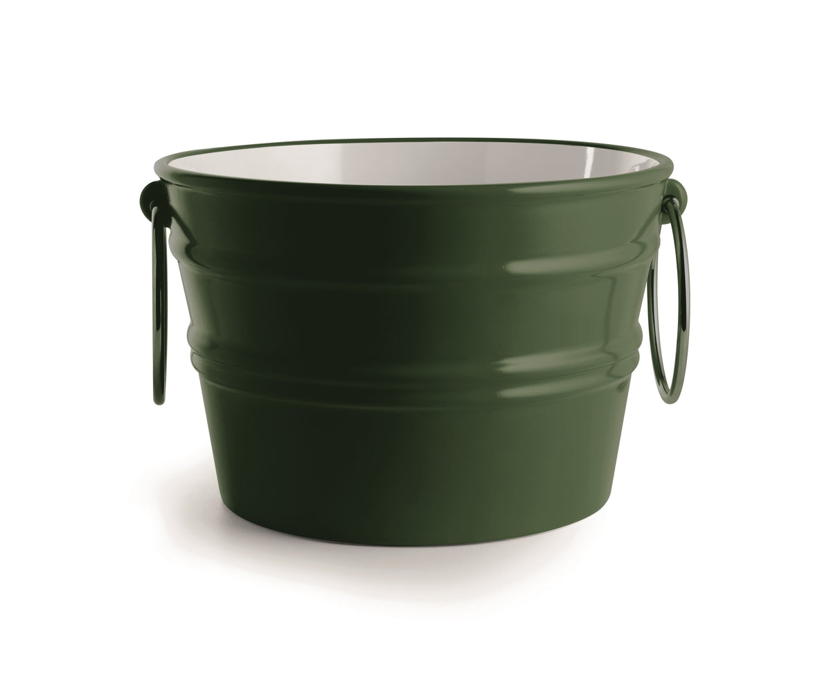 Bacile in ceramica verde inglese con manici ad anello, design moderno e finitura lucida.