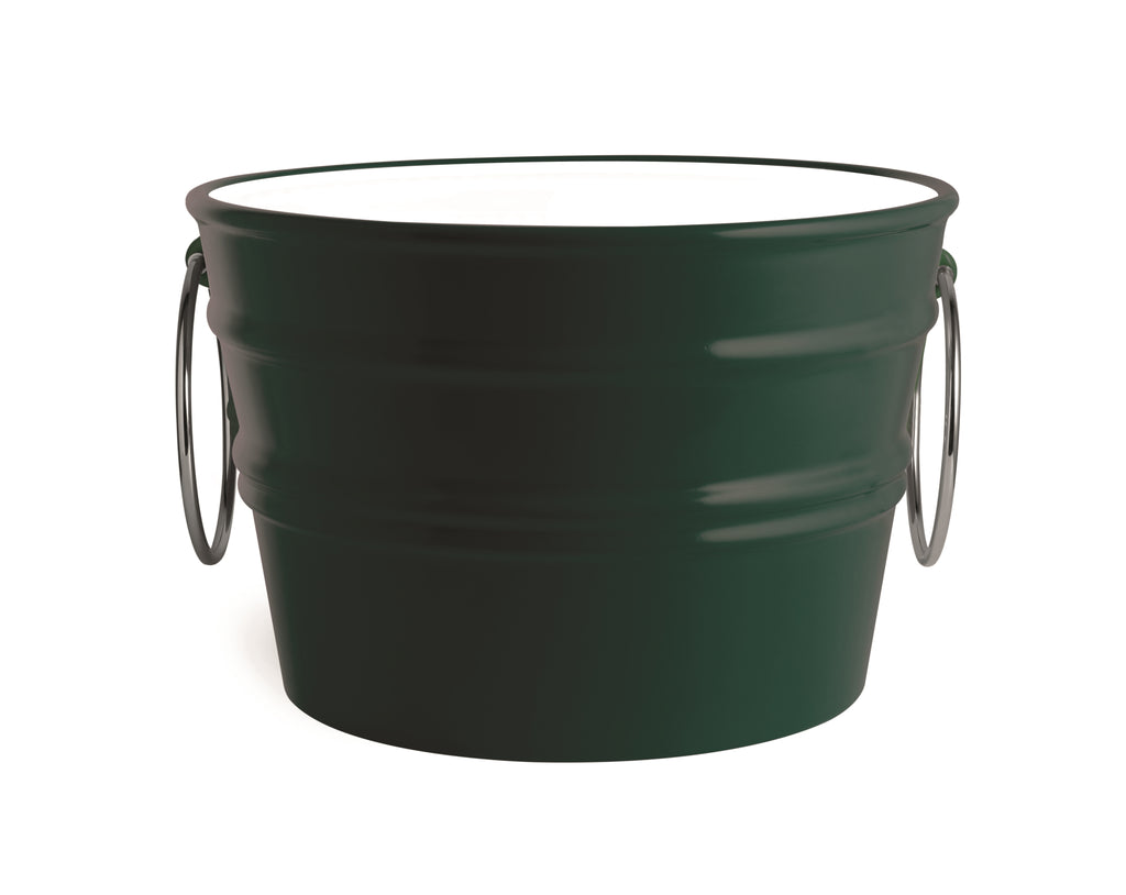 Secchio in ceramica verde scuro con manici metallici, design moderno.