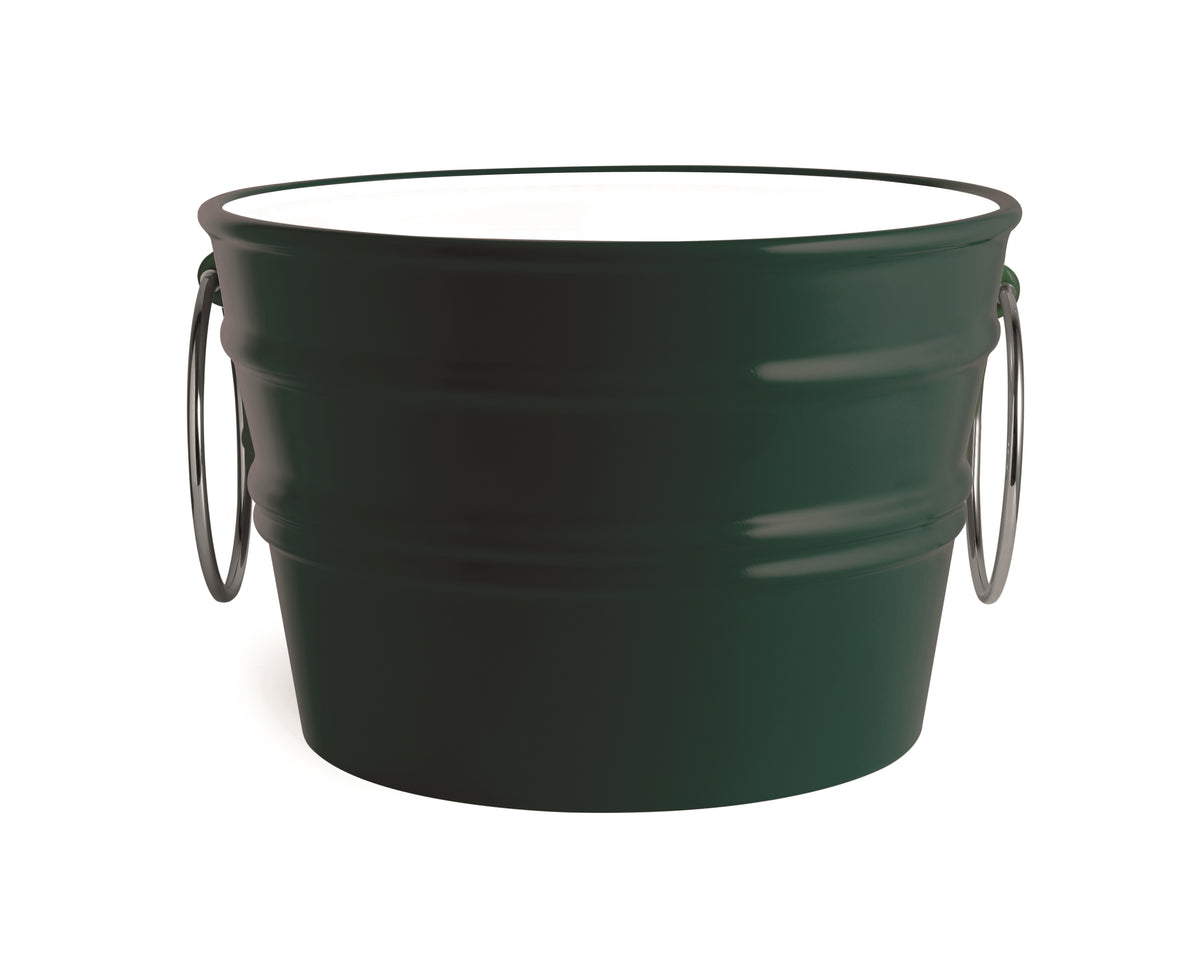 Secchio in ceramica verde scuro con manici metallici, design moderno.
