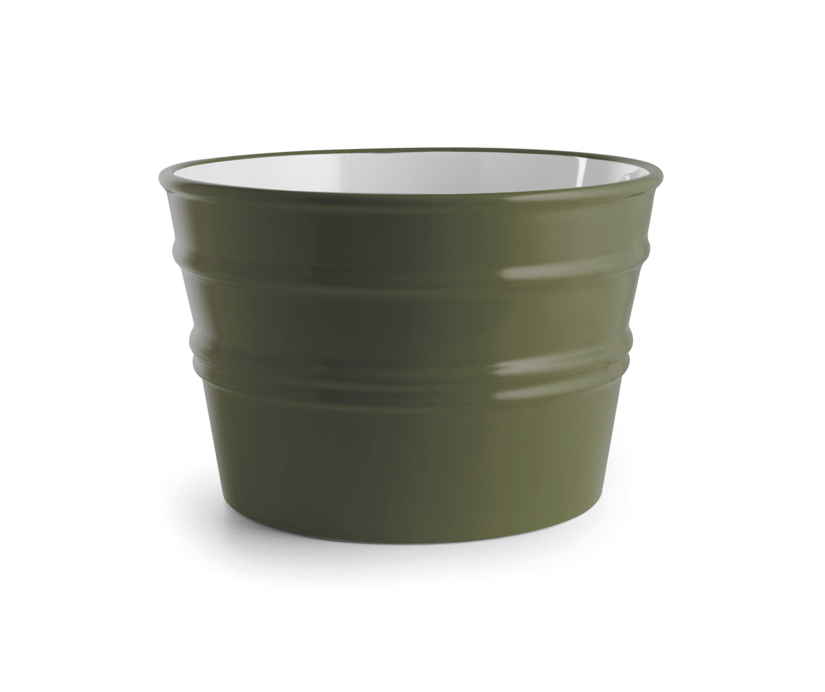 Vaso ceramica verde oliva, design moderno, superficie liscia, senza anelli decorativi.