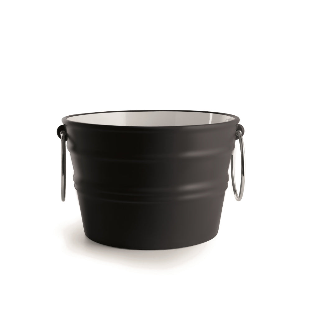 Secchio in ceramica nero opaco con manici metallici, design moderno e minimalista.