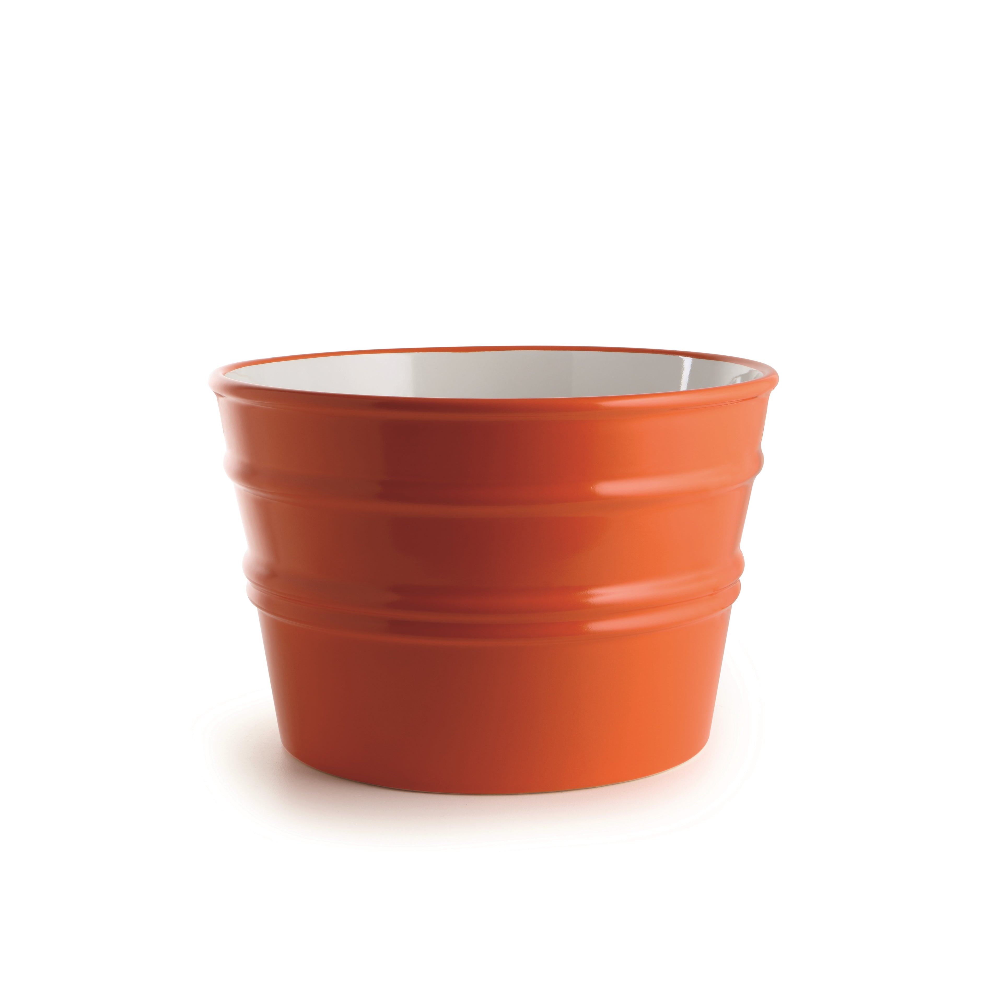 Vaso in ceramica arancione stile contemporaneo, superficie liscia e bordi arrotondati.