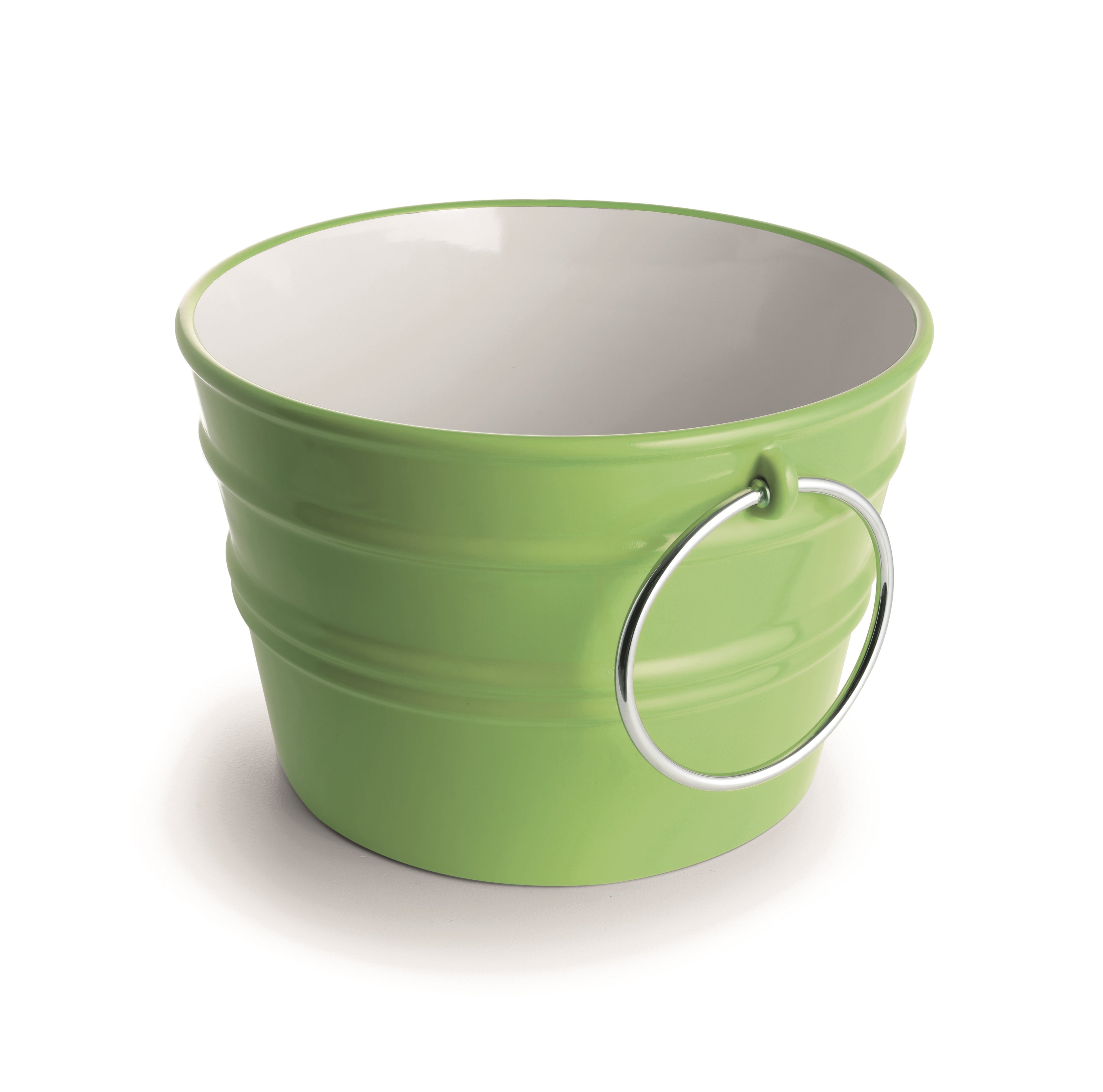 vaso in ceramica verde con anelli metallici decorativi, design moderno