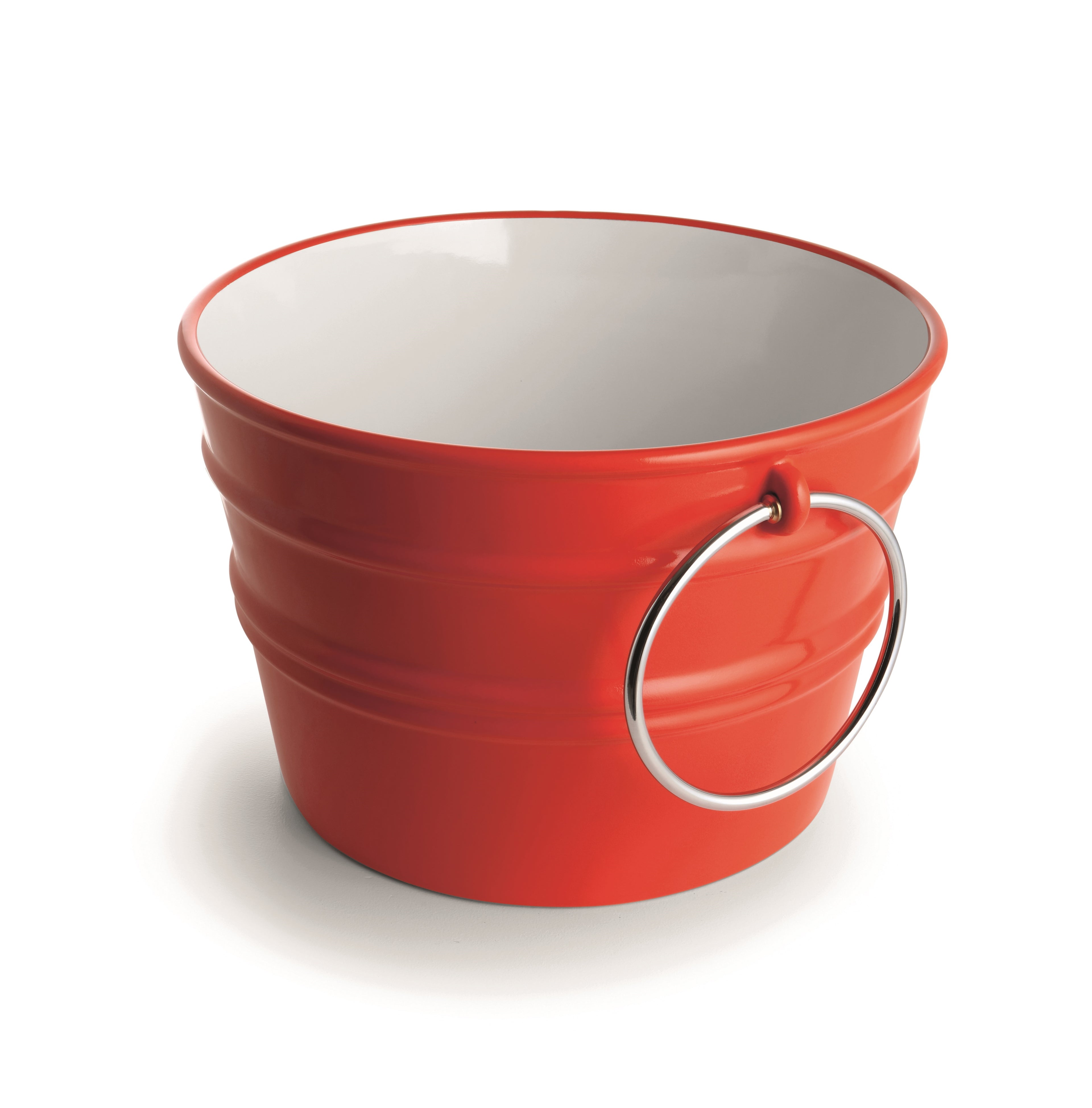 bacile in ceramica rosso, forma midi, con anelli metallici laterali, design contemporaneo