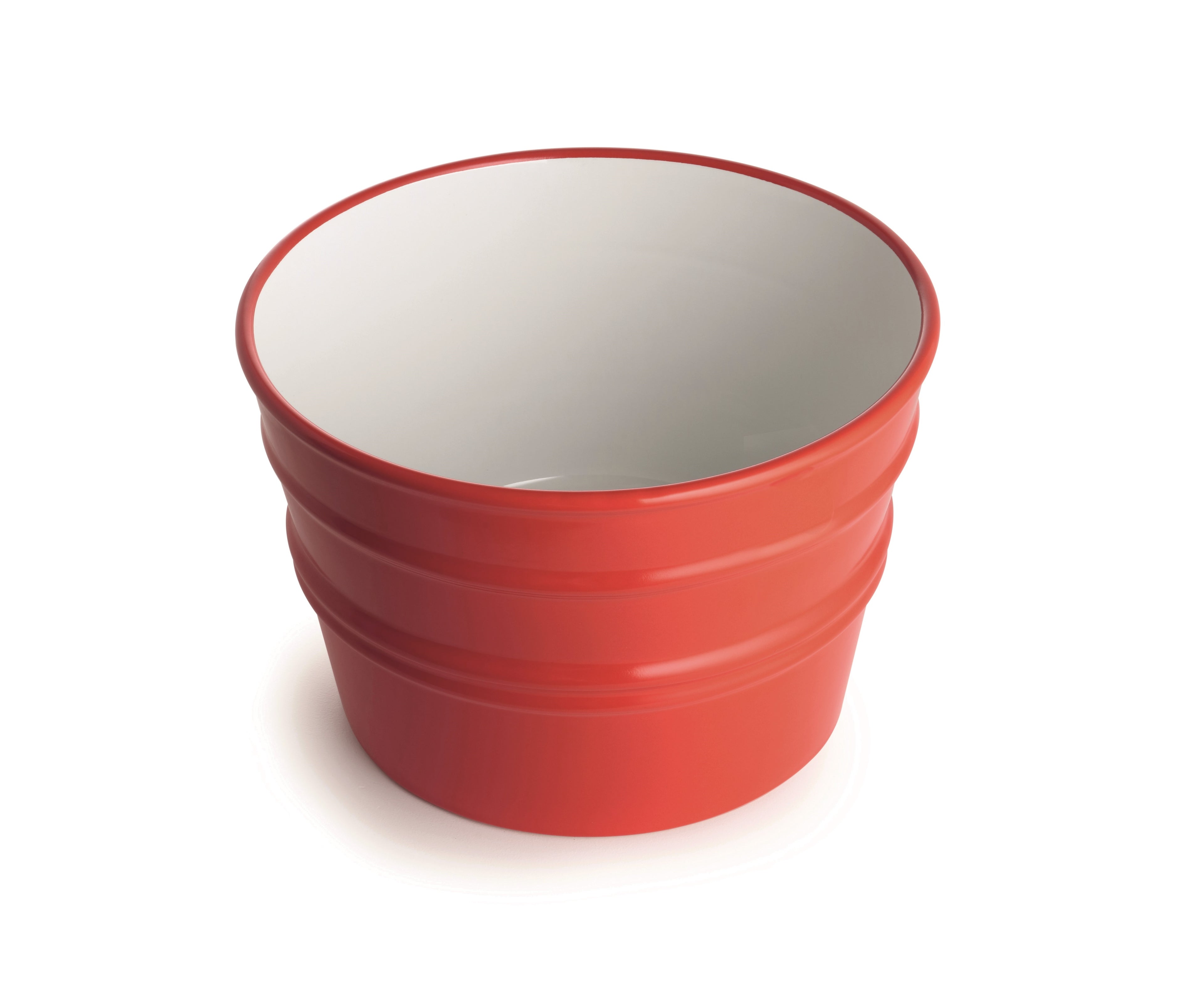 Bacinella in ceramica rossa smaltata, forma cilindrica, design moderno.
