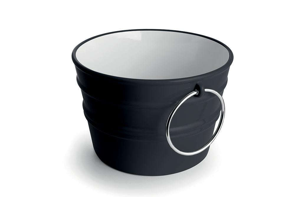 Lavabo in ceramica nera opaca a forma di bacile con anello metallico, design moderno