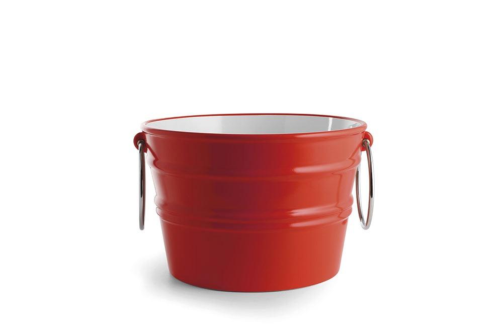 Secchiello portaoggetti in ceramica rosso con manici in metallo, stile moderno